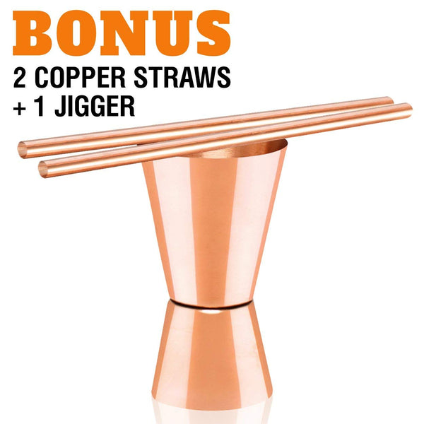 Moscow Mule Copper Mugs - Set of 2-100% HANDCRAFTED – Food Safe Pure Solid Copper Mugs - 16 oz Gift Set - BONUS Highest Quality Cocktail Copper Straws & Jigger - Christmas & New Year Gift