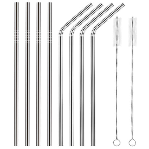 Set of 8 Stainless Steel Straws Ultra Long 10.5 Inch Drinking Metal Straws For Tumblers Rumblers Cold Beverage (4 Straight|4 Bent|2 Brushes)