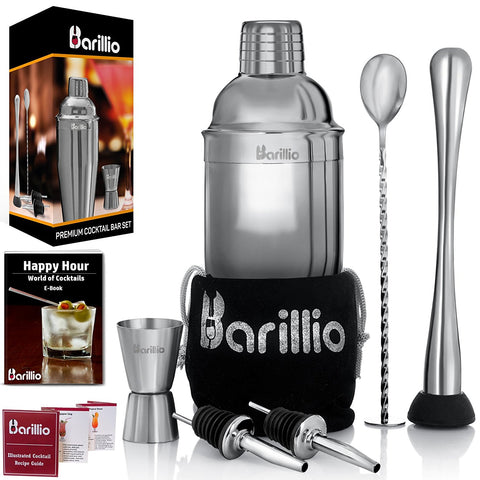 Elite Cocktail Shaker Set Bartender Kit by BARILLIO: 24 oz Stainless Steel Martini Mixer, Muddler, Mixing Spoon, jigger, 2 liquor pourers, Velvet Bag