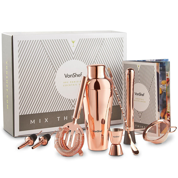 VonShef Premium Parisian Cocktail Shaker Barware Set in Gift Box with Recipe Guide, Cocktail Strainers, Twisted Bar Spoon, Jigger, Muddler and Pourers