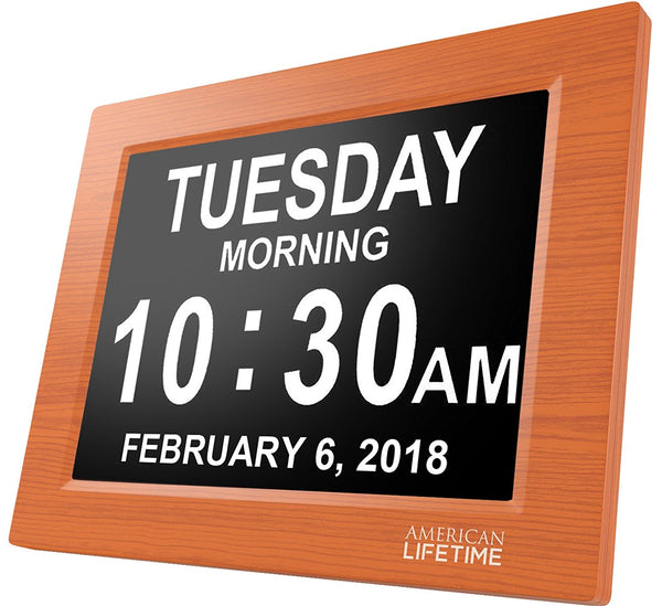 [Newest Version] Day Clock - Extra Large Impaired Vision Digital Clock with Battery Backup & 5 Alarm Options (Premium Mahogany Color) Color:Wood