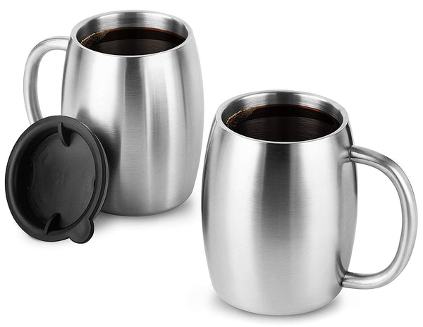 Stainless Steel Coffee Mug with Lid, Set of 2 – Premium Double Wall Insulated Travel Mugs – Shatterproof, BPA Free Spill Resistant Lids, Dishwasher Safe, Comfortable Handle Cups for Tea, Beer, 13.5oz
