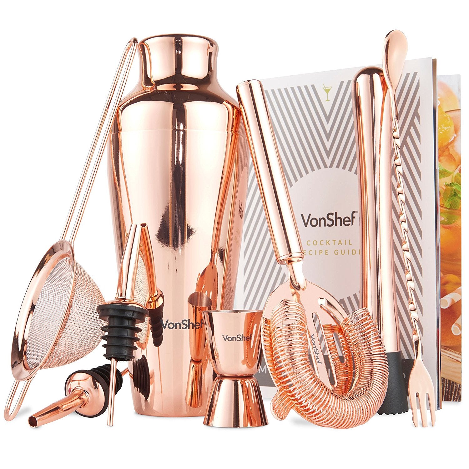 VonShef Premium Parisian Cocktail Shaker Barware Set in Gift Box with Recipe Guide, Cocktail Strainers, Twisted Bar Spoon, Jigger, Muddler and Pourers