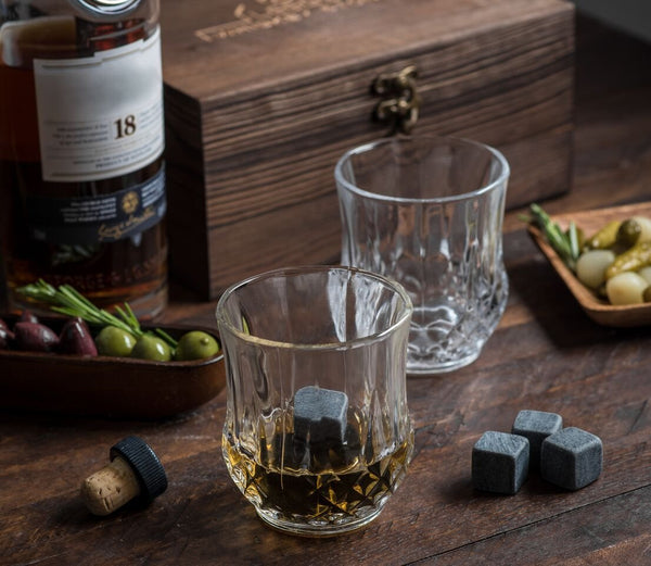 Premium Whiskey Stones Gift Set - 2 Large Whiskey Glasses, 8 Granite Scotch Chilling Rocks, Tongs, Velvet Pouch in Elegant Wooden Gift Box Packaging