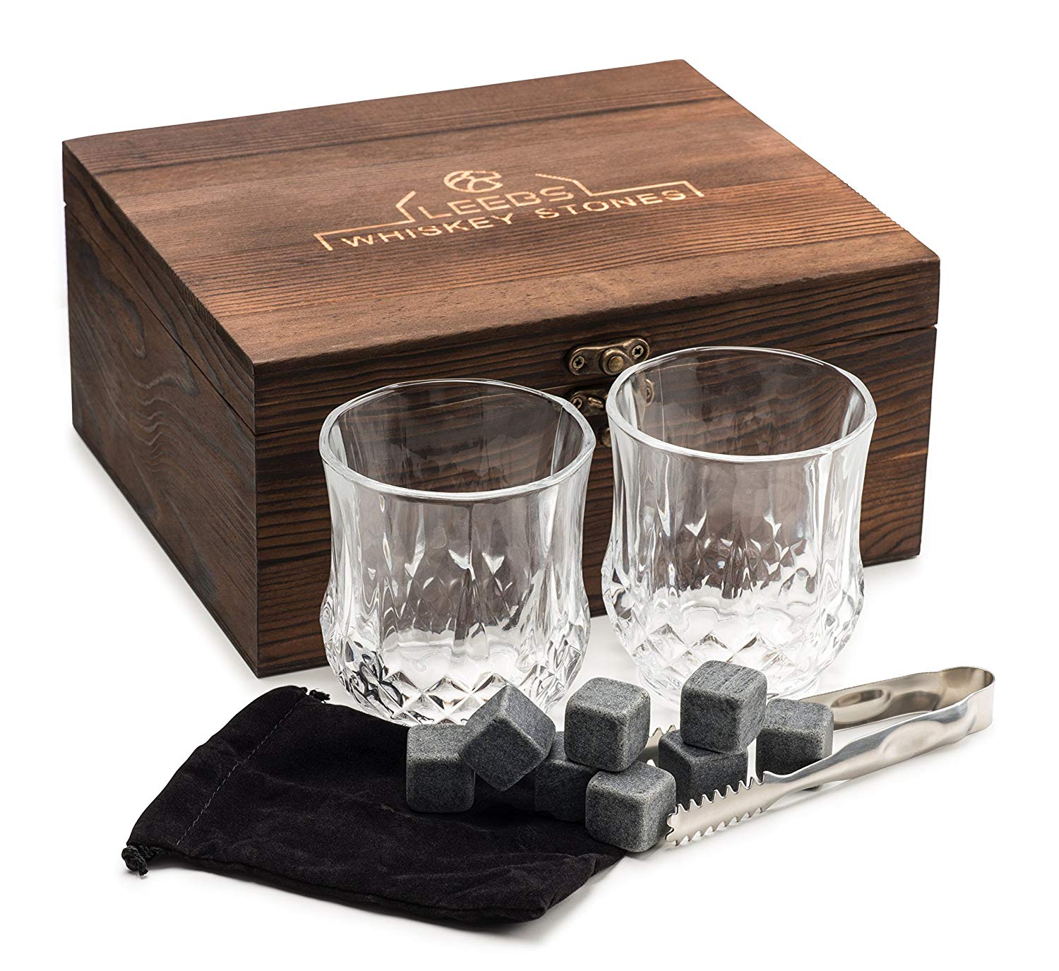 Premium Whiskey Stones Gift Set - 2 Large Whiskey Glasses, 8 Granite Scotch Chilling Rocks, Tongs, Velvet Pouch in Elegant Wooden Gift Box Packaging