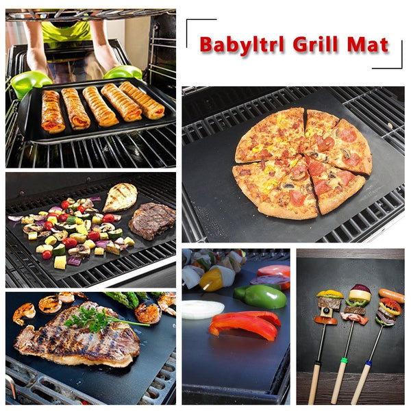 Babyltrl Grill Mat Set of 5, Non-Stick BBQ Grill & Baking Mats, FDA Approved, PFOA Free, Reusable and Easy to Clean BBQ Accessories for Gas, Charcoal, Electric Grills - Black
