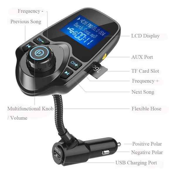 Wireless In-Car Bluetooth FM Transmitter Radio Adapter Car Kit W 1.44 Inch Display Supports TF/SD Card and USB Car Charger for All Smartphones Audio Players