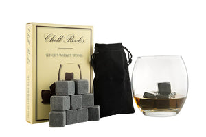 Set of 9 Grey Beverage Chilling Stones [Chill Rocks] Whiskey Stones for Whiskey and other Beverages - in Gift Box with Velvet Carrying Pouch - Made of 100% Pure Soapstone